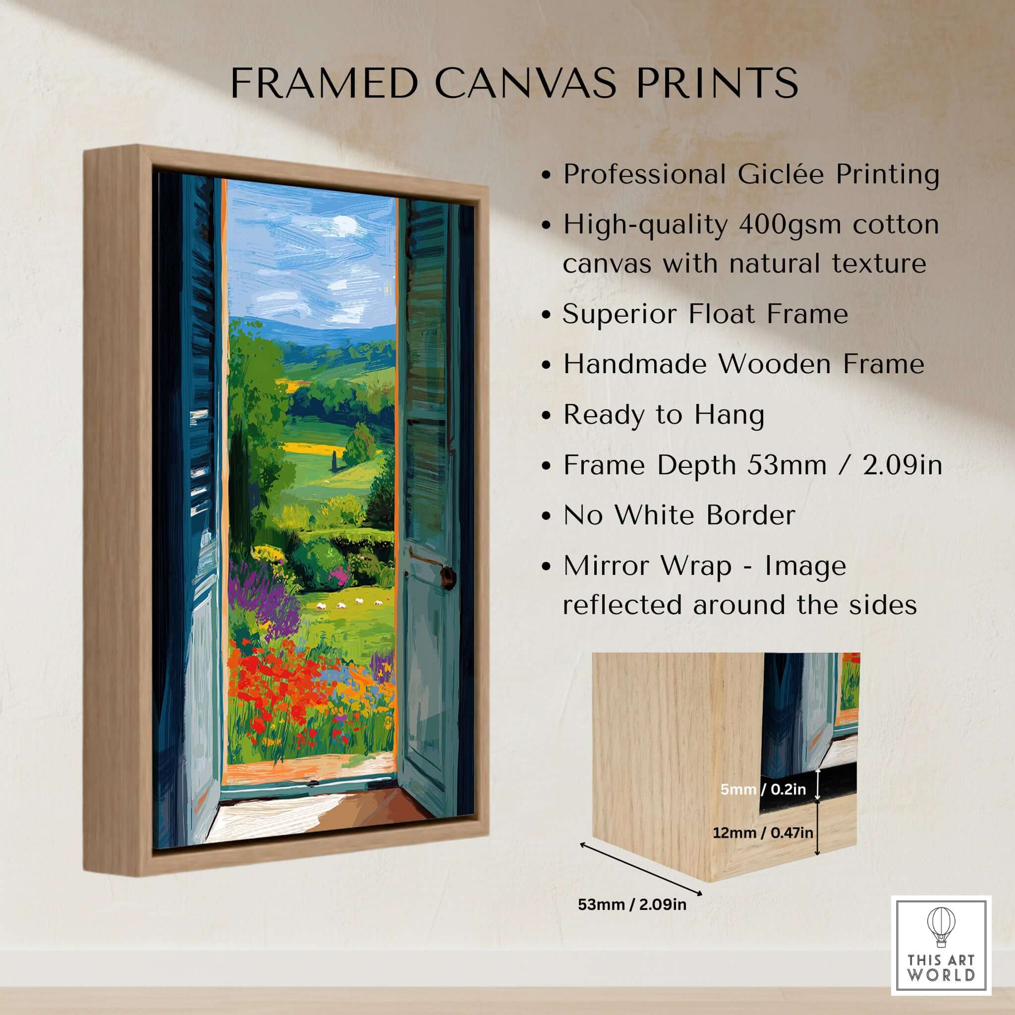 Matisse Open Window English Garden Print | Red Poppies and Green Shutters Wall Decor on a framed canvas with wooden frame.