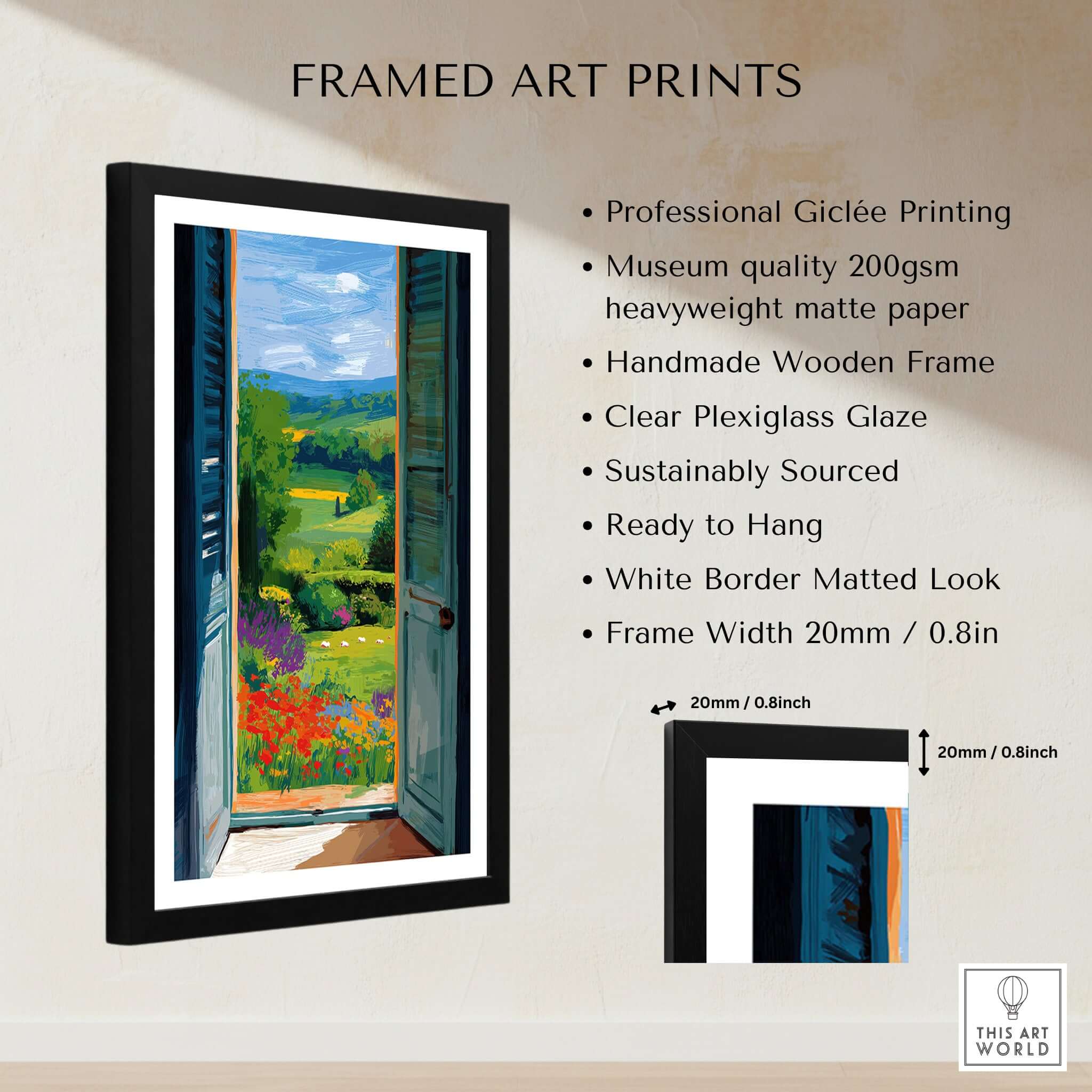 Matisse Open Window English Garden Print | Red Poppies and Green Shutters Wall Decor in a framed display.