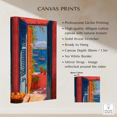Matisse Open Window Mediterranean Sea View Art Print | Colorful Boats and Orange Door Poster features vibrant Giclée printing.