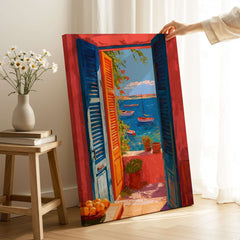 Matisse Open Window Mediterranean Sea View Art Print | Colorful Boats and Orange Door Poster displayed in a bright room.