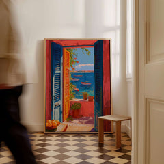 Matisse Open Window Mediterranean Sea View Art Print | Colorful Boats and Orange Door Poster displayed in a stylish interior.