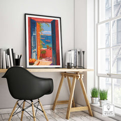 Matisse Open Window Mediterranean Sea View Art Print | Colorful Boats and Orange Door Poster displayed in a stylish interior.