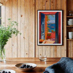 Matisse Open Window Mediterranean Sea View Art Print | Colorful Boats and Orange Door Poster displayed in a cozy room.