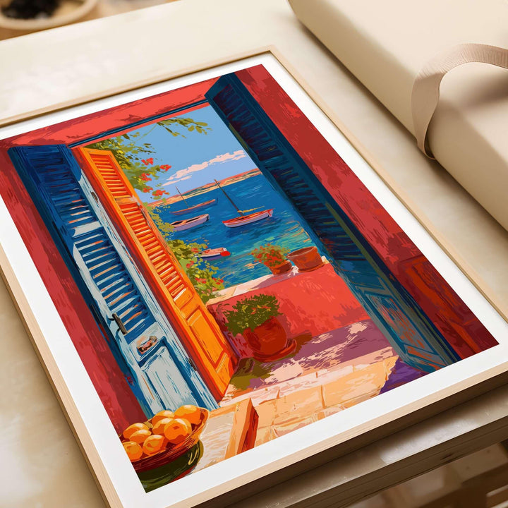 Matisse Open Window Mediterranean Sea View Art Print | Colorful Boats and Orange Door Poster featuring vibrant harbor scene.