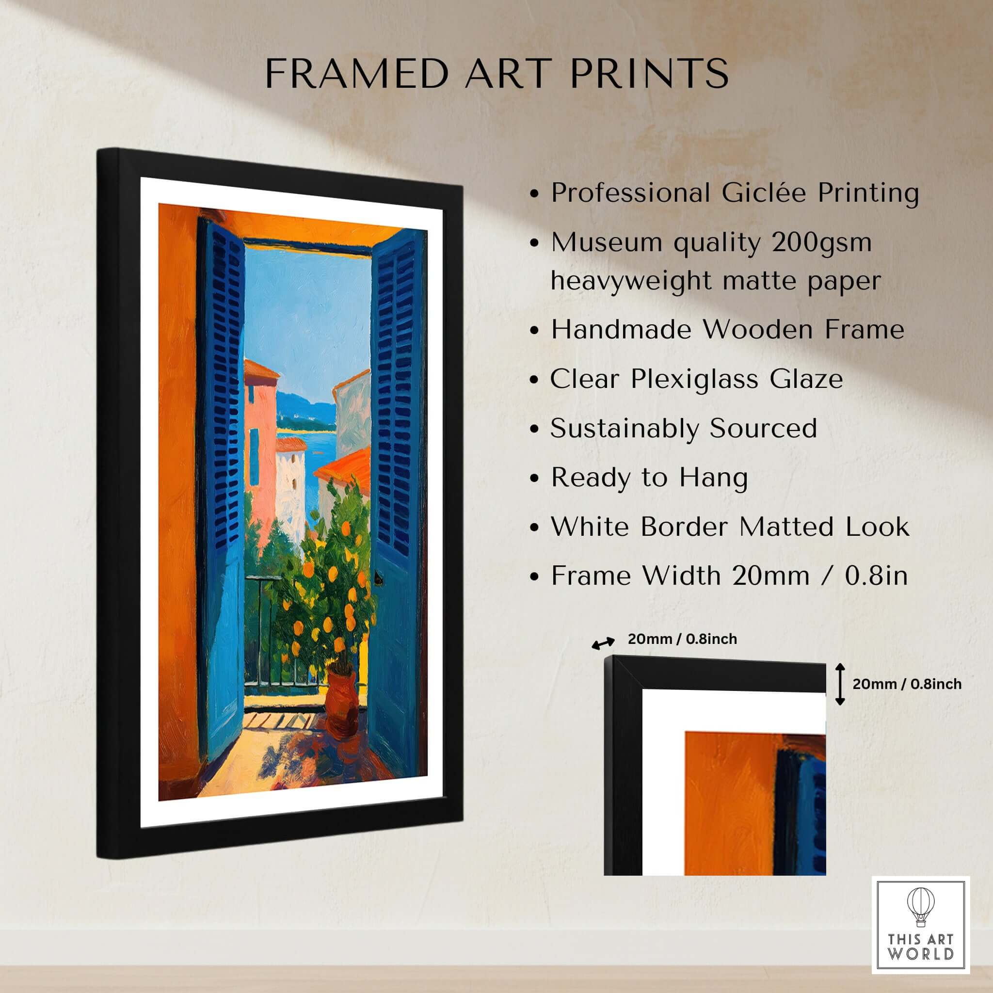 Matisse Open Window with Orange Tree Art Print | Blue Shutters Sea View Poster framed with professional giclée quality.