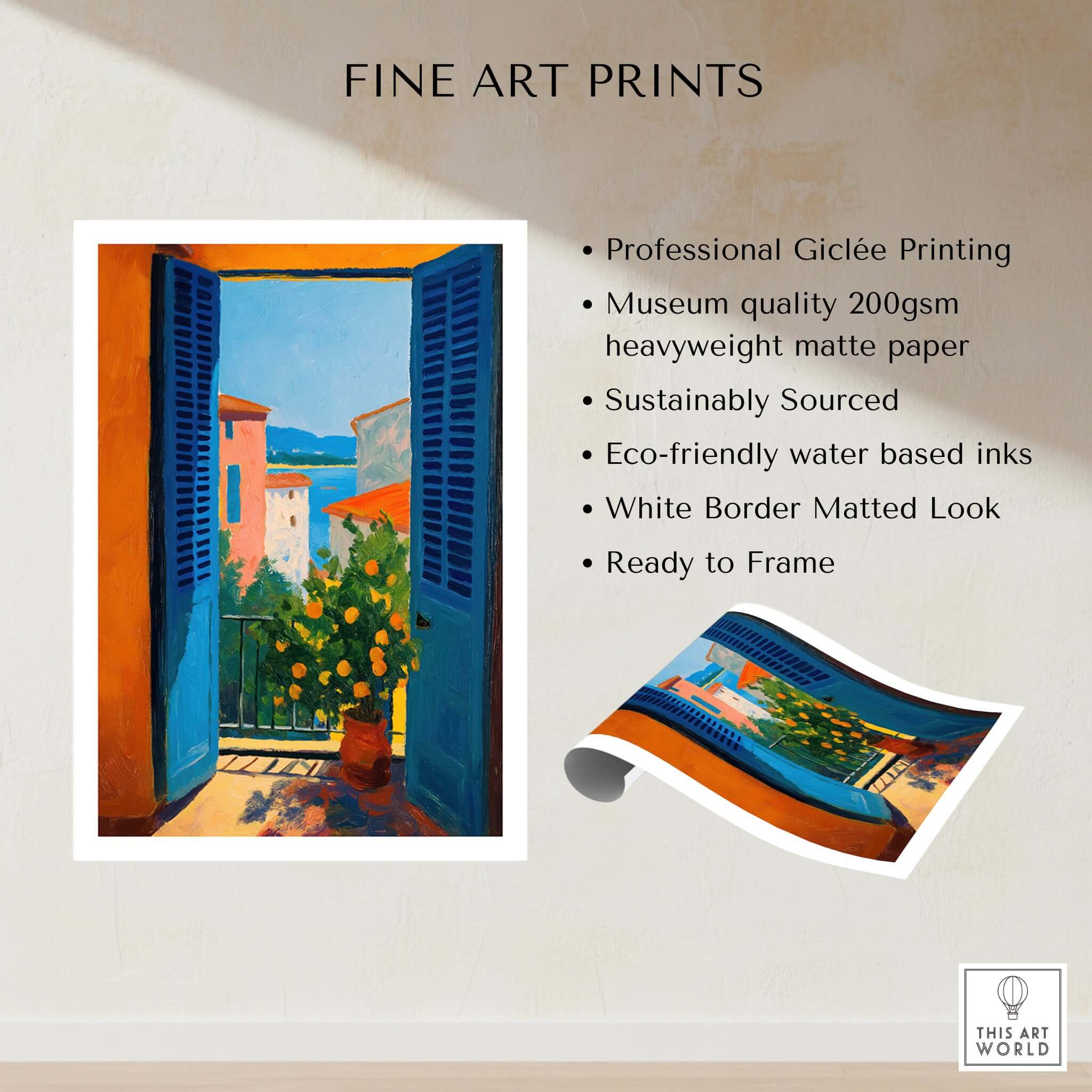 Matisse Open Window with Orange Tree Art Print | Blue Shutters Sea View Poster displayed on museum-quality paper.