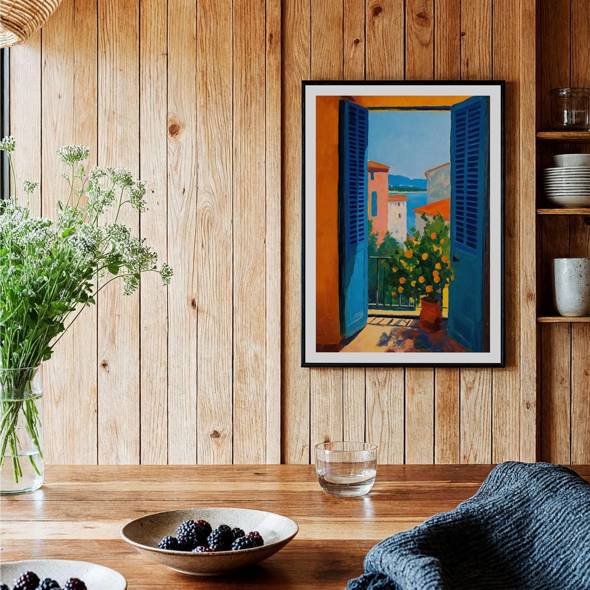 Matisse Open Window with Orange Tree Art Print | Blue Shutters Sea View Poster displayed in a wooden interior with greenery.