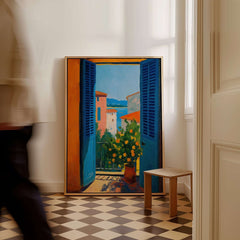 Matisse Open Window with Orange Tree Art Print | Blue Shutters Sea View Poster showcasing vibrant orange tree and blue shutters.