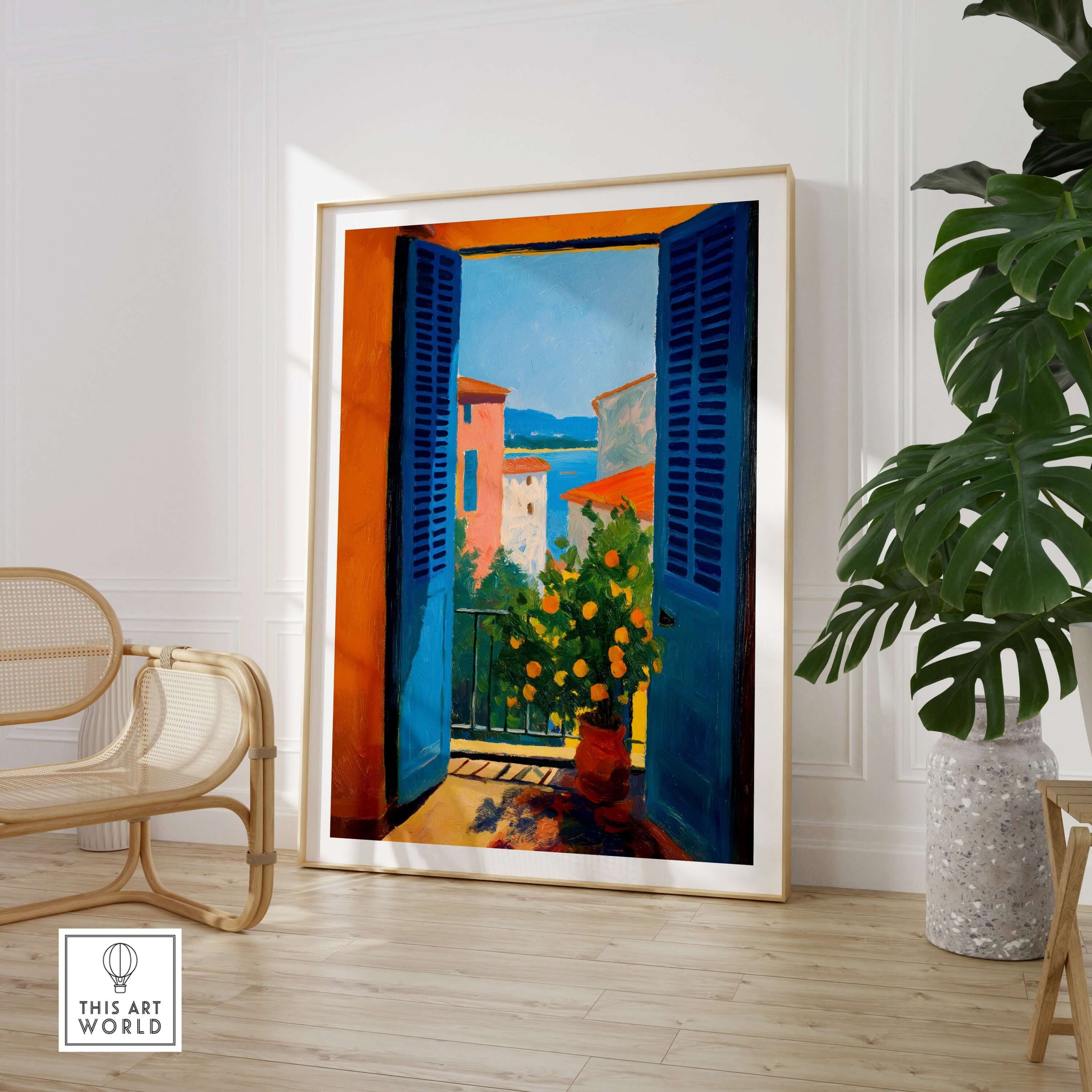 Matisse Open Window with Orange Tree Art Print | Blue Shutters Sea View Poster in a stylish interior setting.
