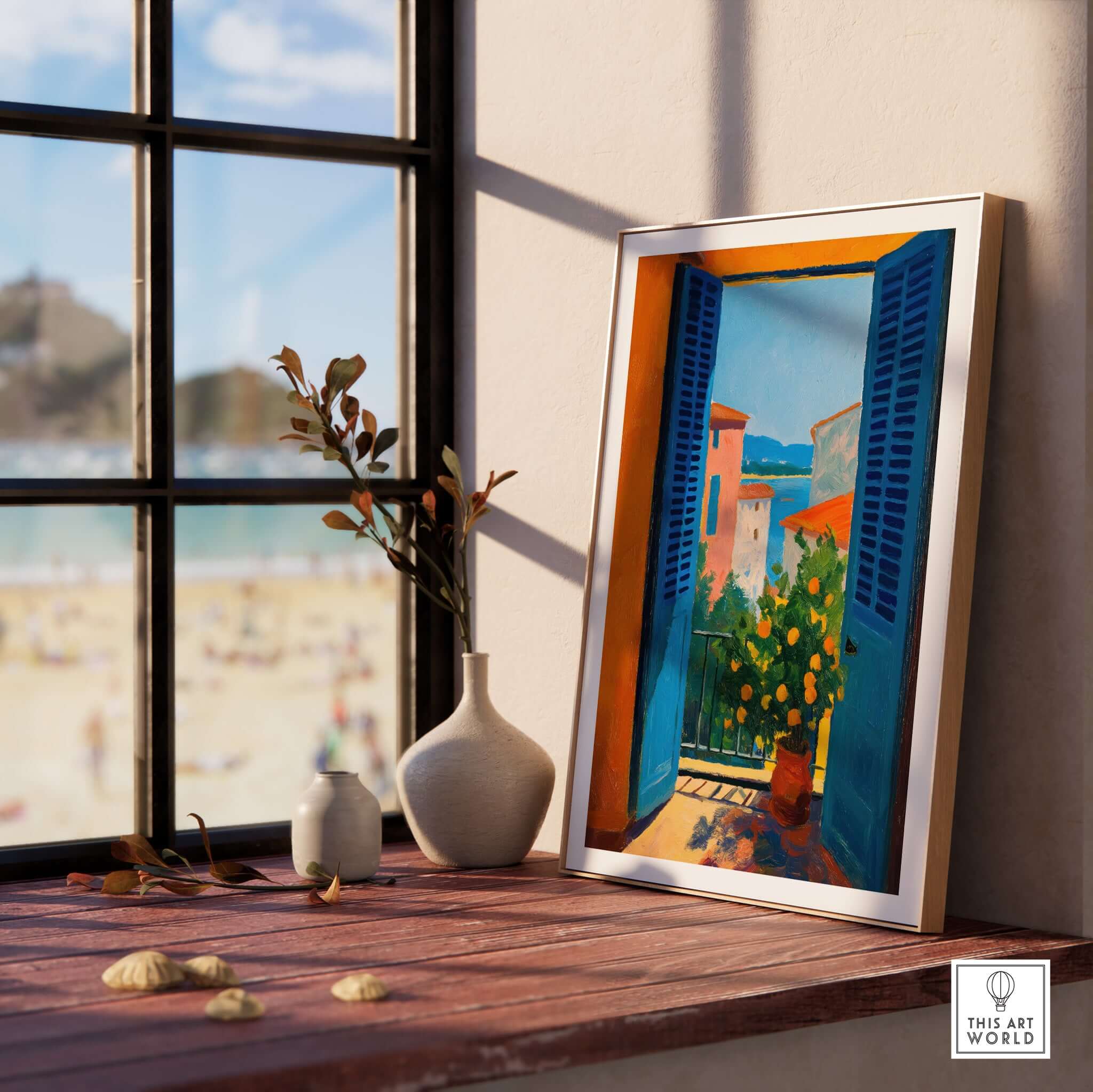 Matisse Open Window with Orange Tree Art Print | Blue Shutters Sea View Poster displayed in a bright indoor setting.