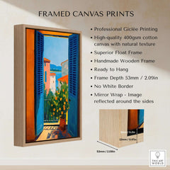 Matisse Open Window with Orange Tree Art Print | Blue Shutters Sea View Poster framed canvas print features vibrant colors.