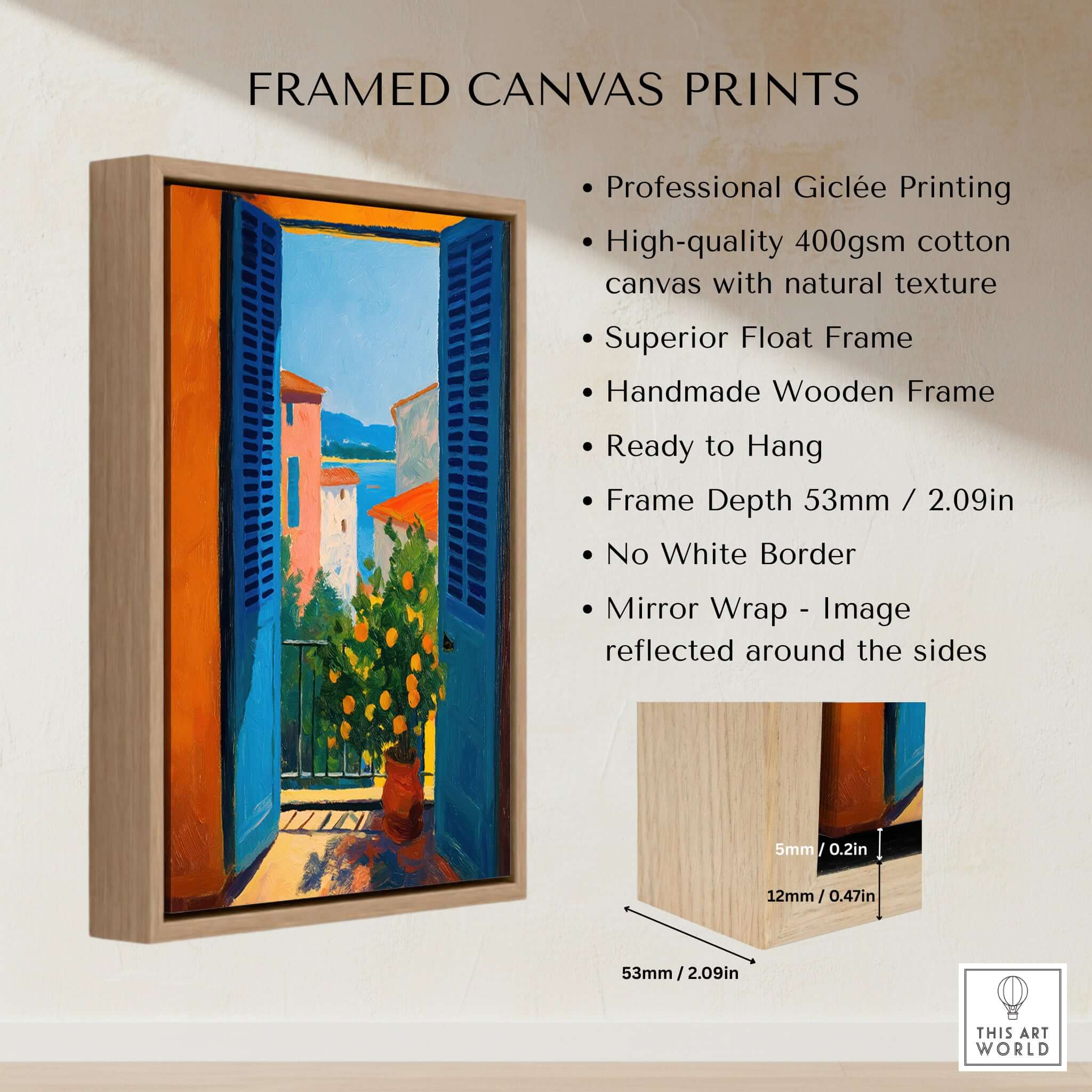 Matisse Open Window with Orange Tree Art Print | Blue Shutters Sea View Poster framed canvas print features vibrant colors.