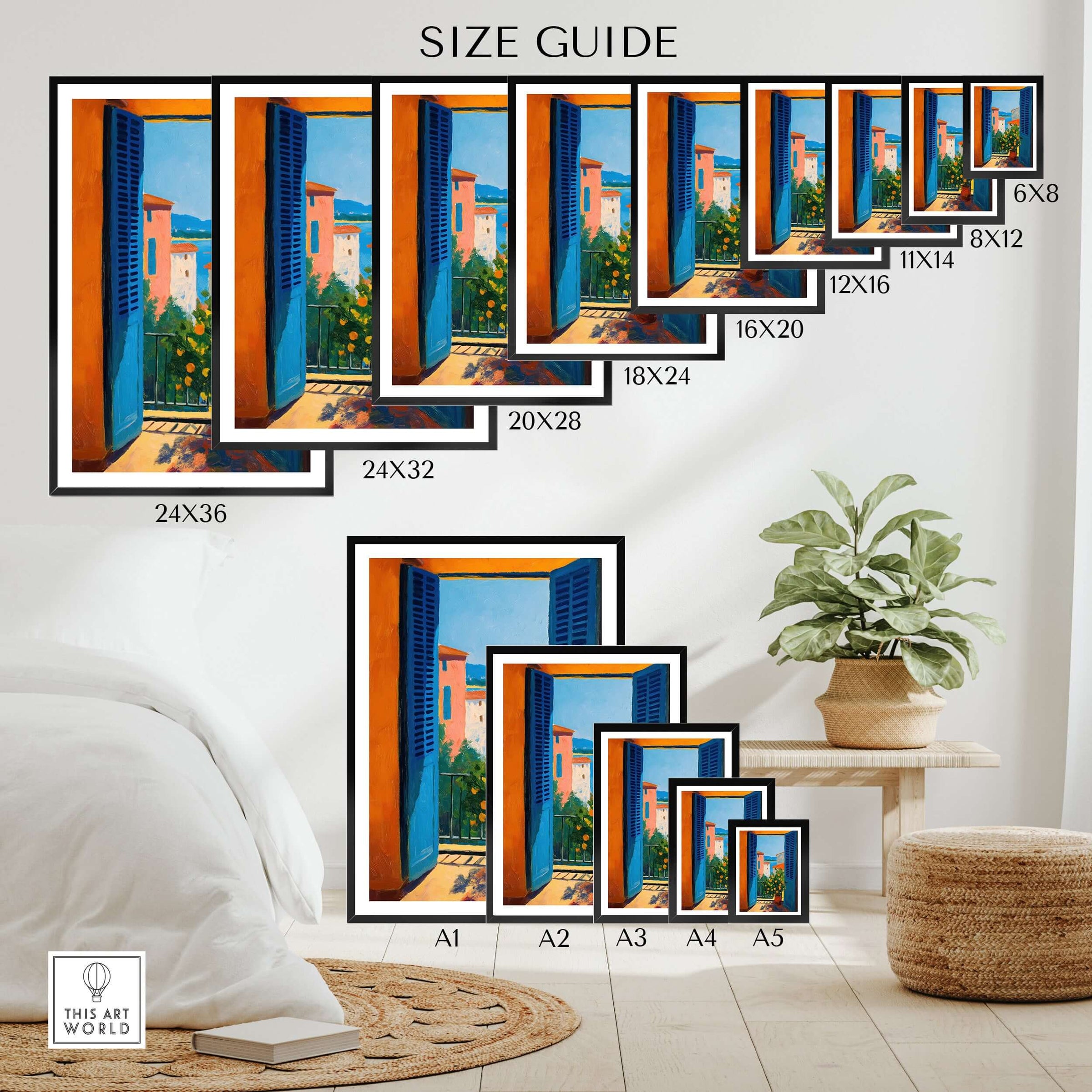 Matisse Open Window with Orange Tree Art Print | Blue Shutters Sea View Poster size guide with various frame dimensions.