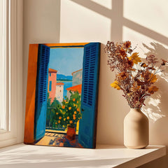 Matisse Open Window with Orange Tree Art Print | Blue Shutters Sea View Poster displayed near flowers.