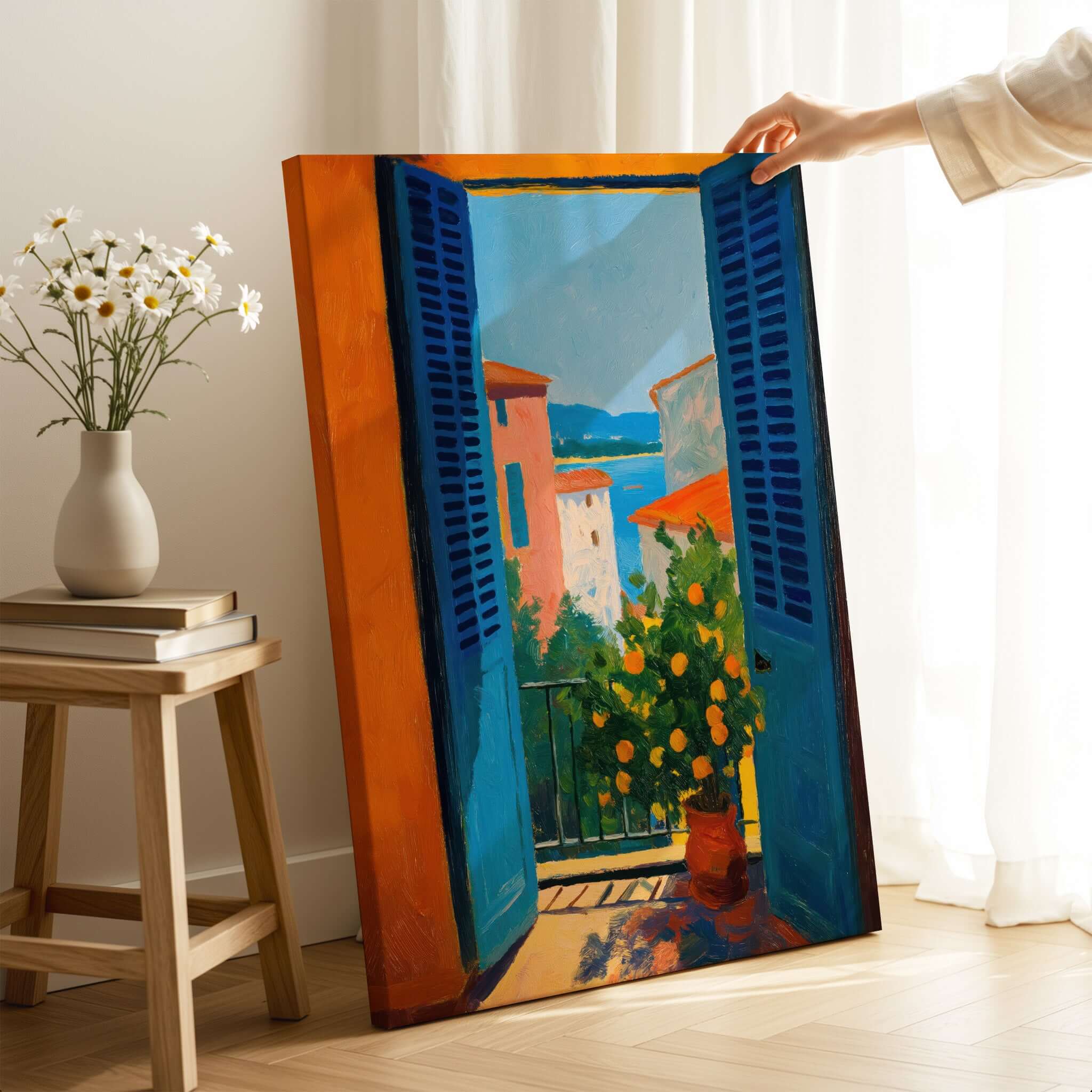 Matisse Open Window with Orange Tree Art Print | Blue Shutters Sea View Poster showcased in a bright interior setting.