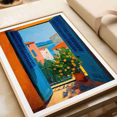 Matisse Open Window with Orange Tree Art Print | Blue Shutters Sea View Poster showcasing vibrant colors and serene landscape.