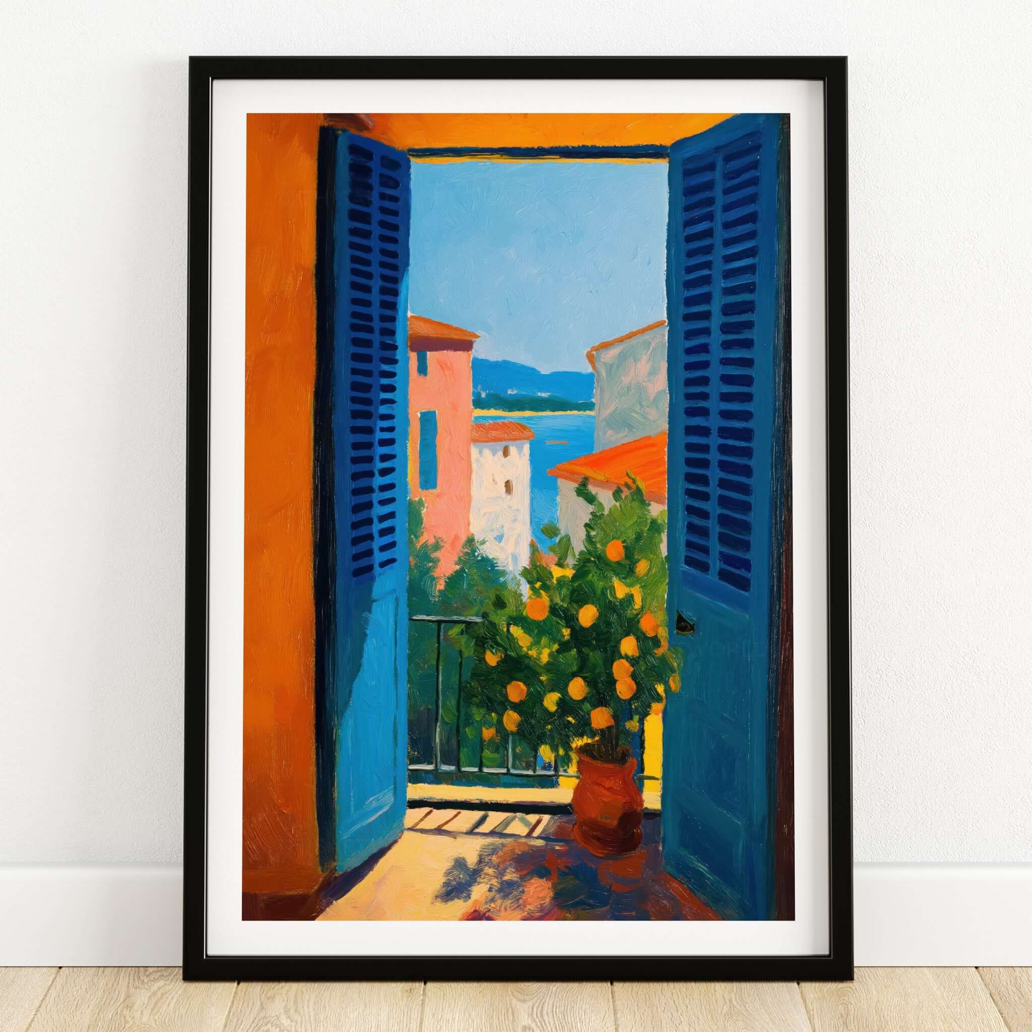 Matisse Open Window with Orange Tree Art Print | Blue Shutters Sea View Poster featuring vibrant colors and a scenic view.