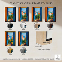 Matisse Open Window with Orange Tree Art Print | Blue Shutters Sea View Poster displayed in various frame colors.