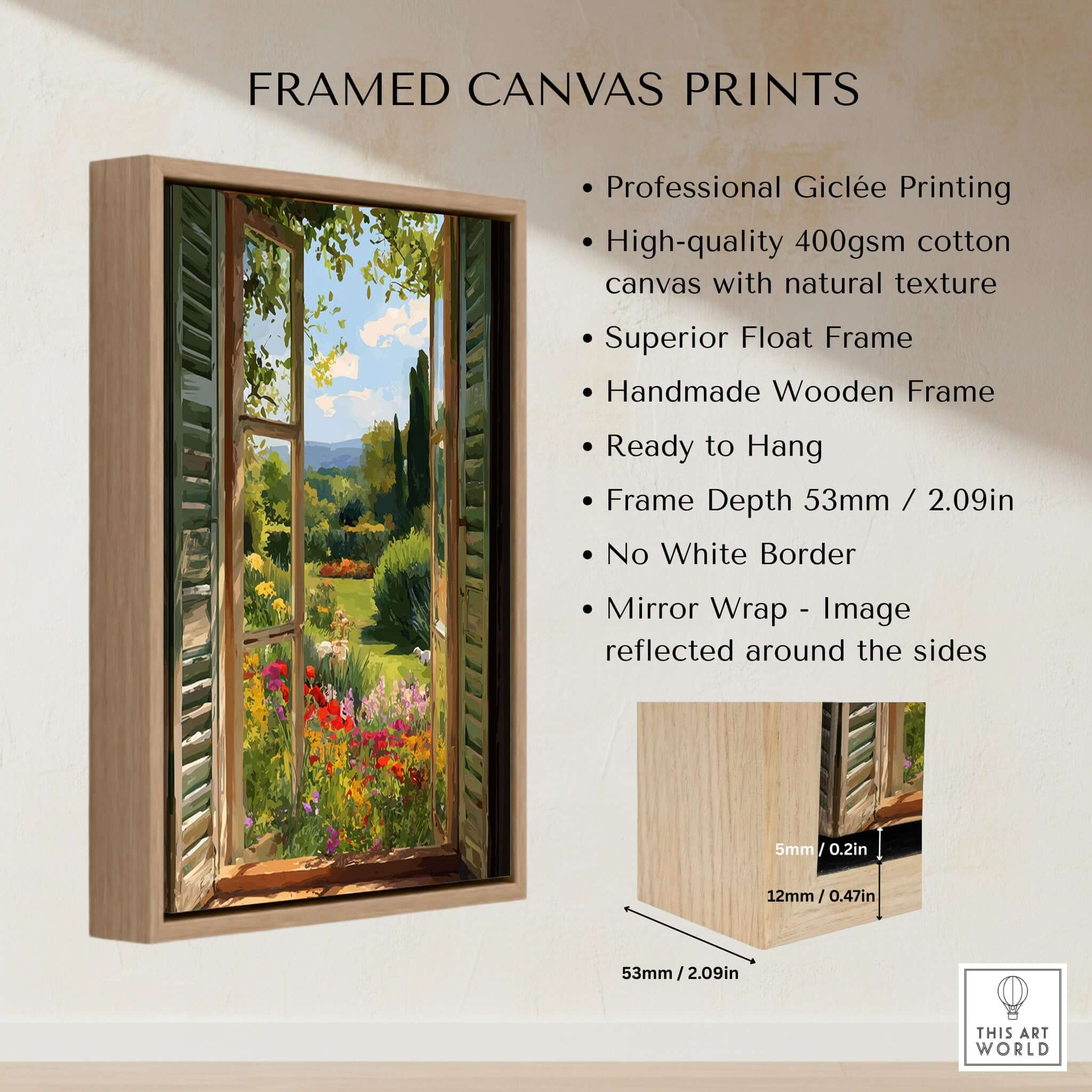 Matisse Open Window Art Print | Vibrant Flower Garden Landscape Poster in Style of Matisse framed in a wooden frame.