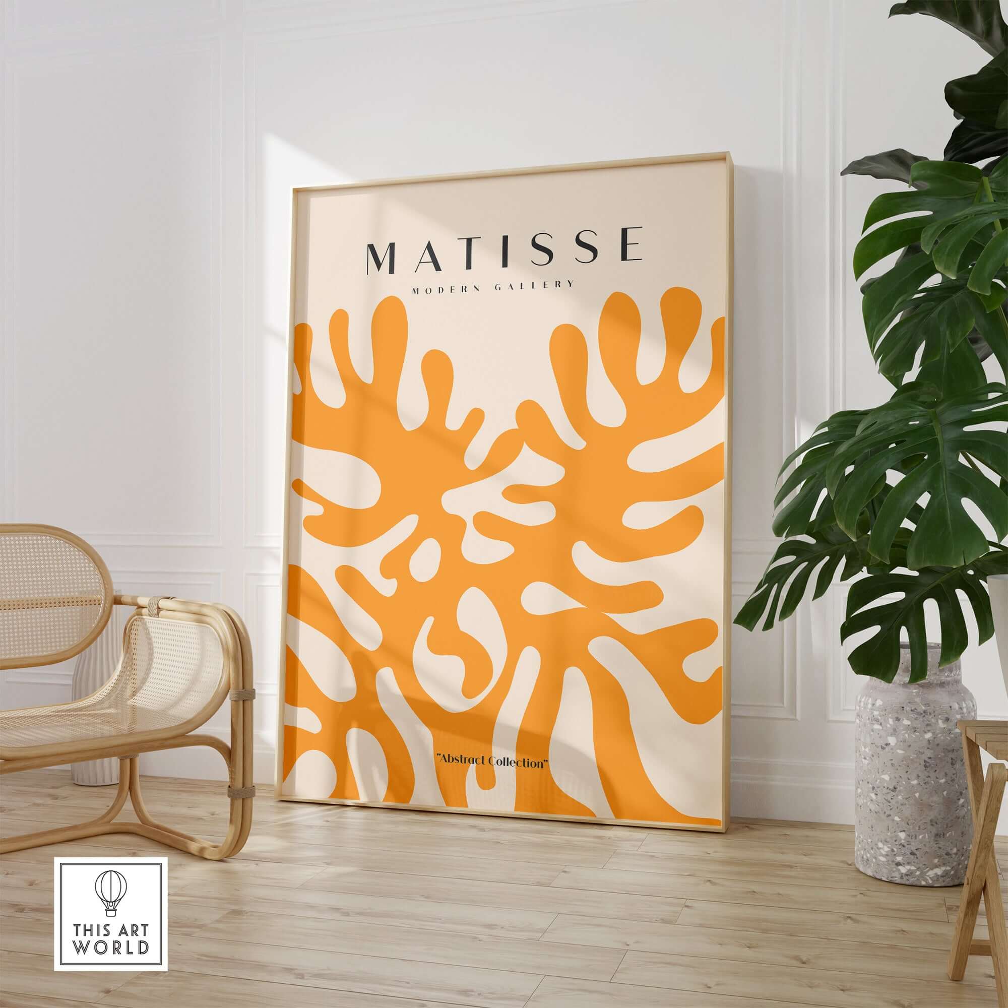 Matisse Art Prints - Orange Abstract Coral Pattern Poster displayed in a modern interior with plant and chair.