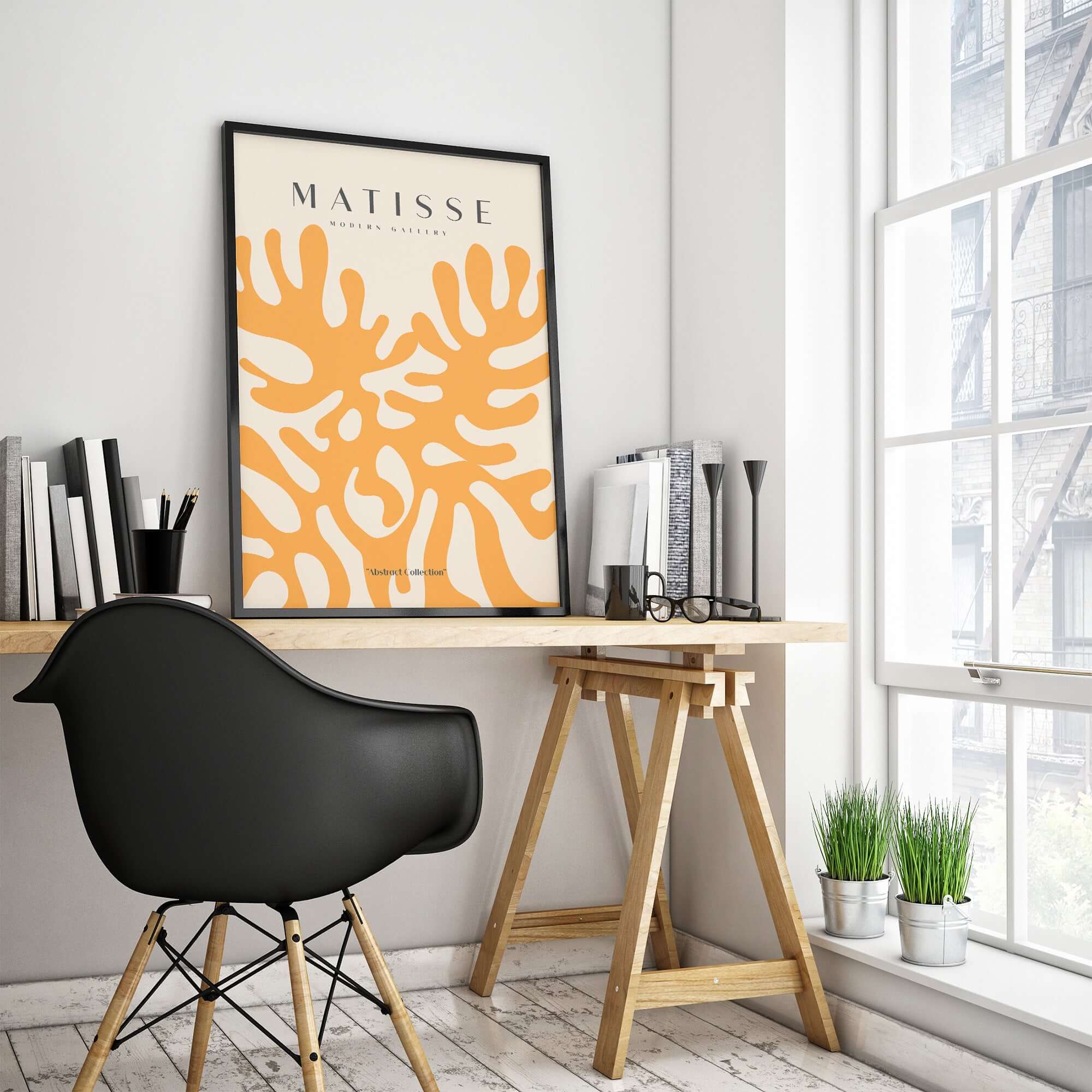 Matisse Art Prints - Orange Abstract Coral Pattern Poster displayed in a stylish workspace with natural lighting.
