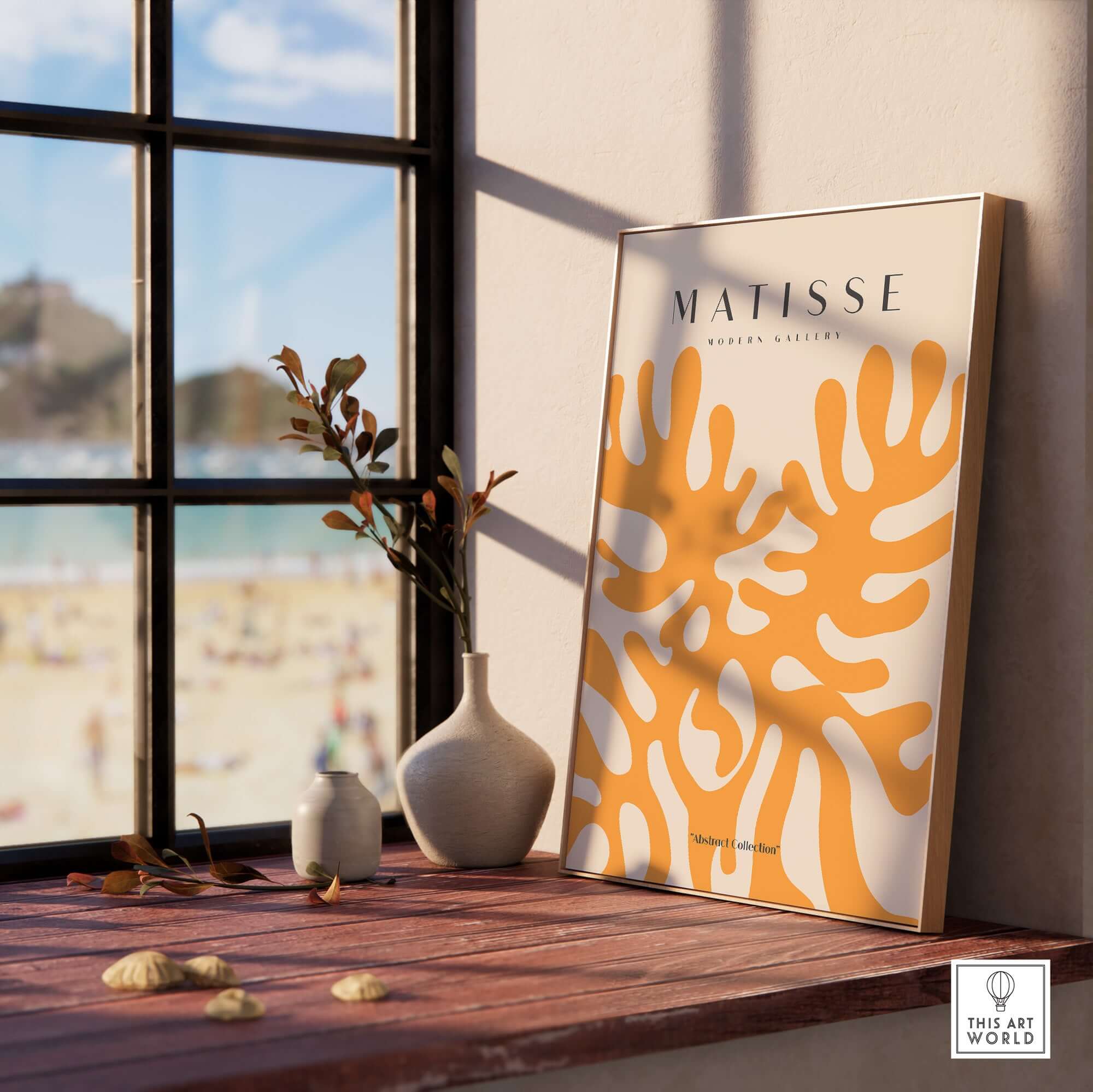 Matisse Art Prints - Orange Abstract Coral Pattern Poster displayed in a sunlit room by the window.