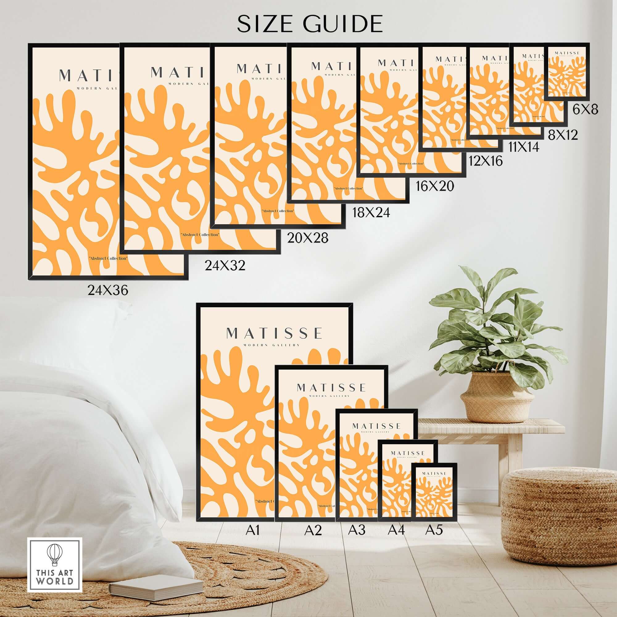 Matisse Art Prints - Orange Abstract Coral Pattern Poster size guide showcasing various frame sizes.