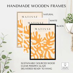 Matisse Art Prints - Orange Abstract Coral Pattern Poster in handmade wooden frames: natural, white, and black.