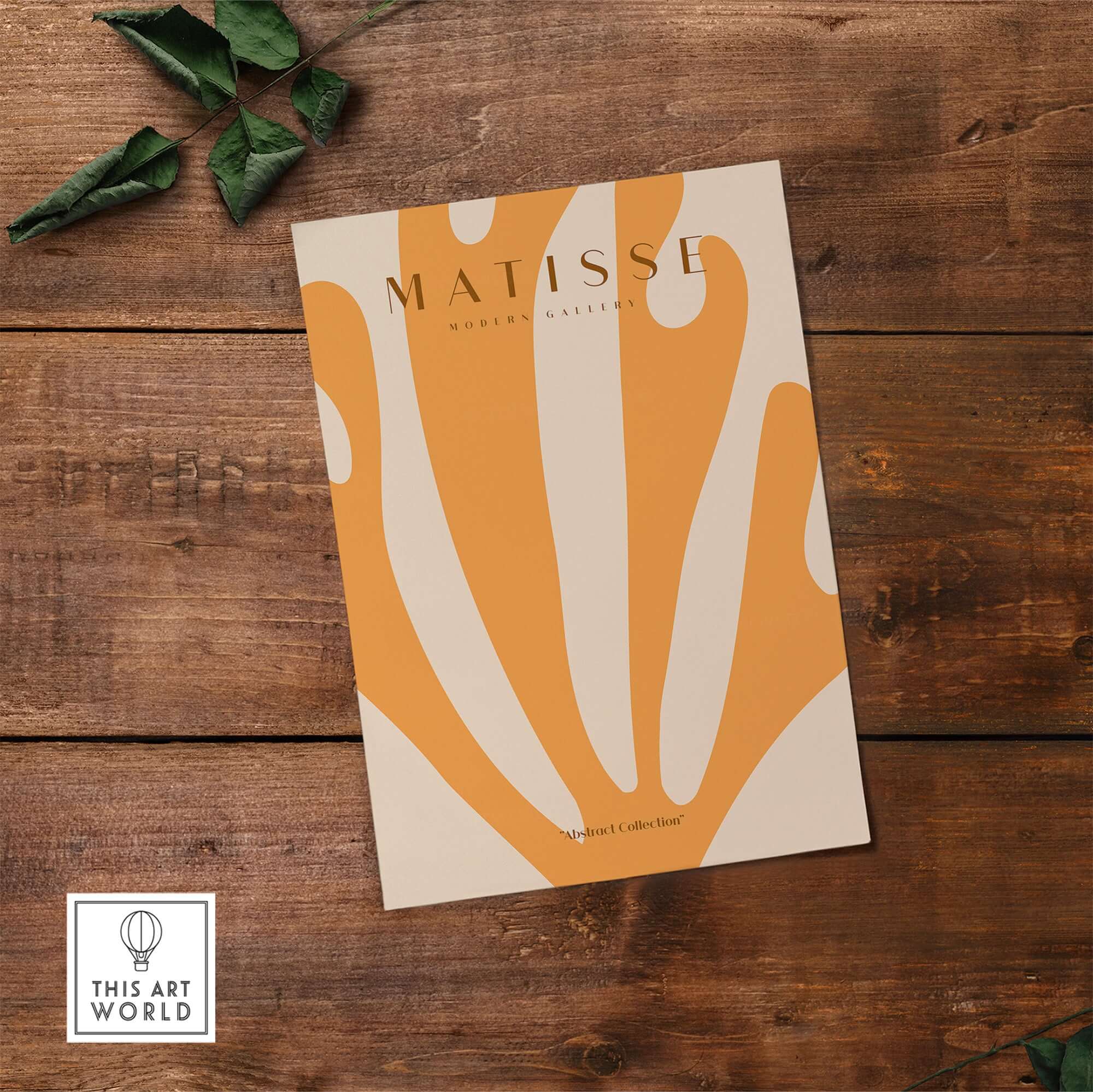 Matisse Art Prints - Orange Fan Coral Abstract Shape Poster displayed on wooden surface with greenery.