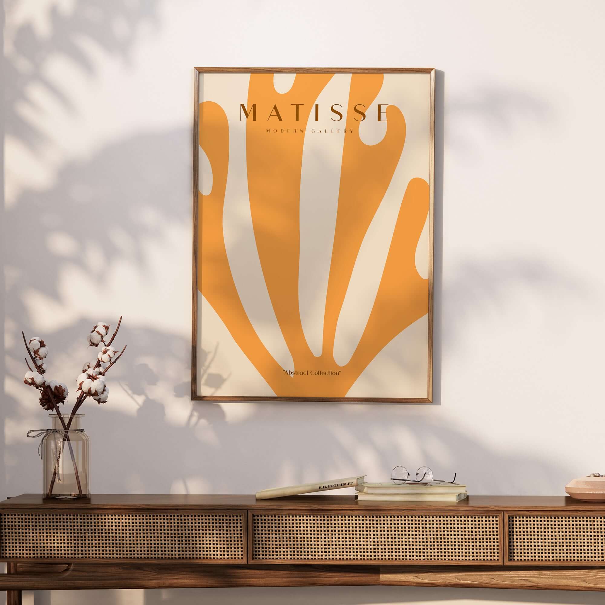 Matisse Art Prints -  Orange Fan Coral Abstract Shape Poster displayed on a wall with a wooden console beneath it.