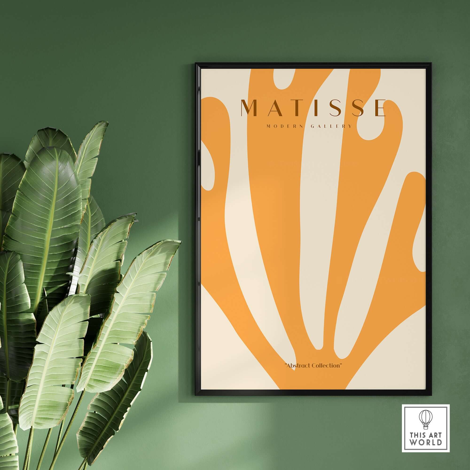 Matisse Art Prints -  Orange Fan Coral Abstract Shape Poster displayed on a green wall with tropical plant decor.