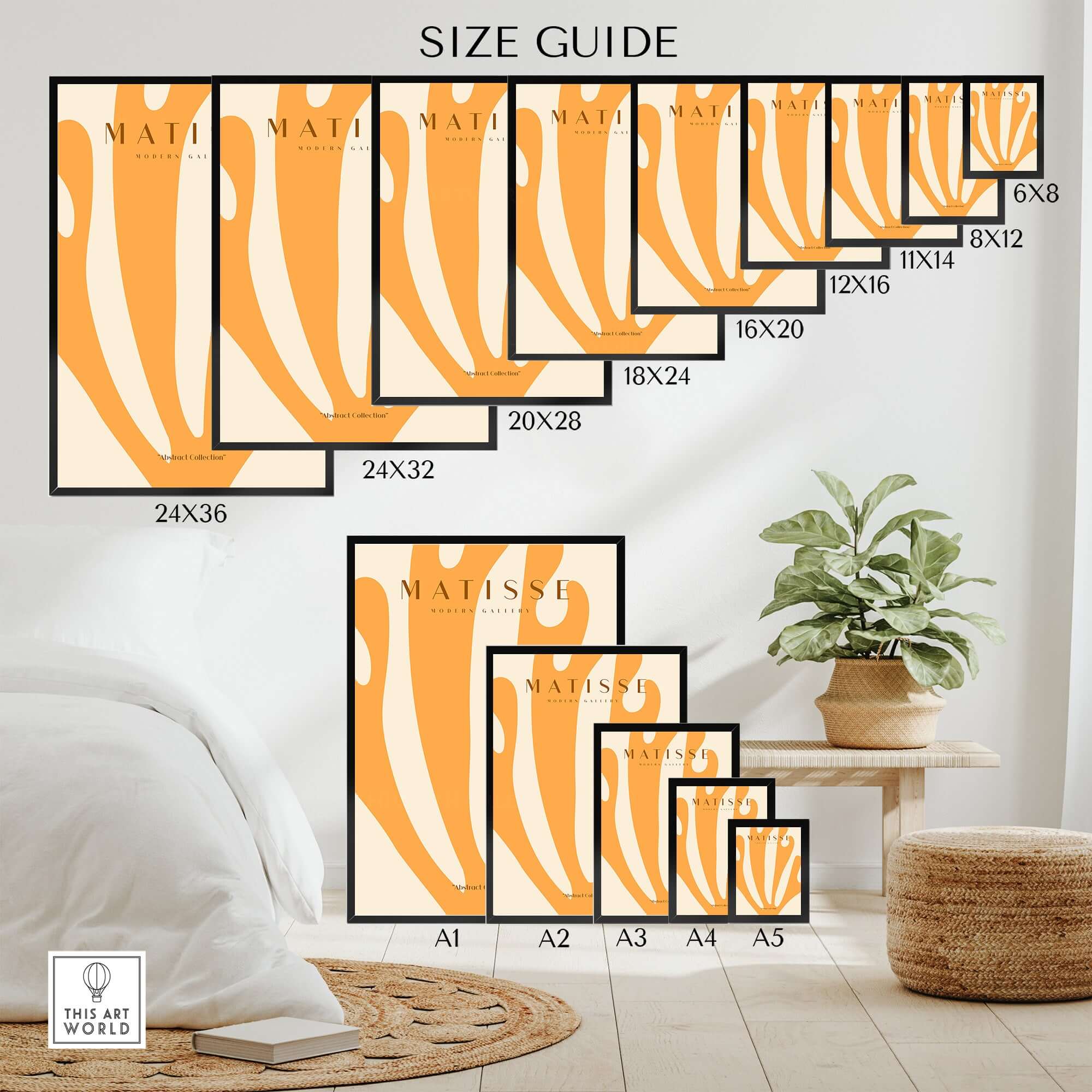 Matisse Art Prints - Orange Fan Coral Abstract Shape Poster size guide showcasing various print dimensions on a stylish display.