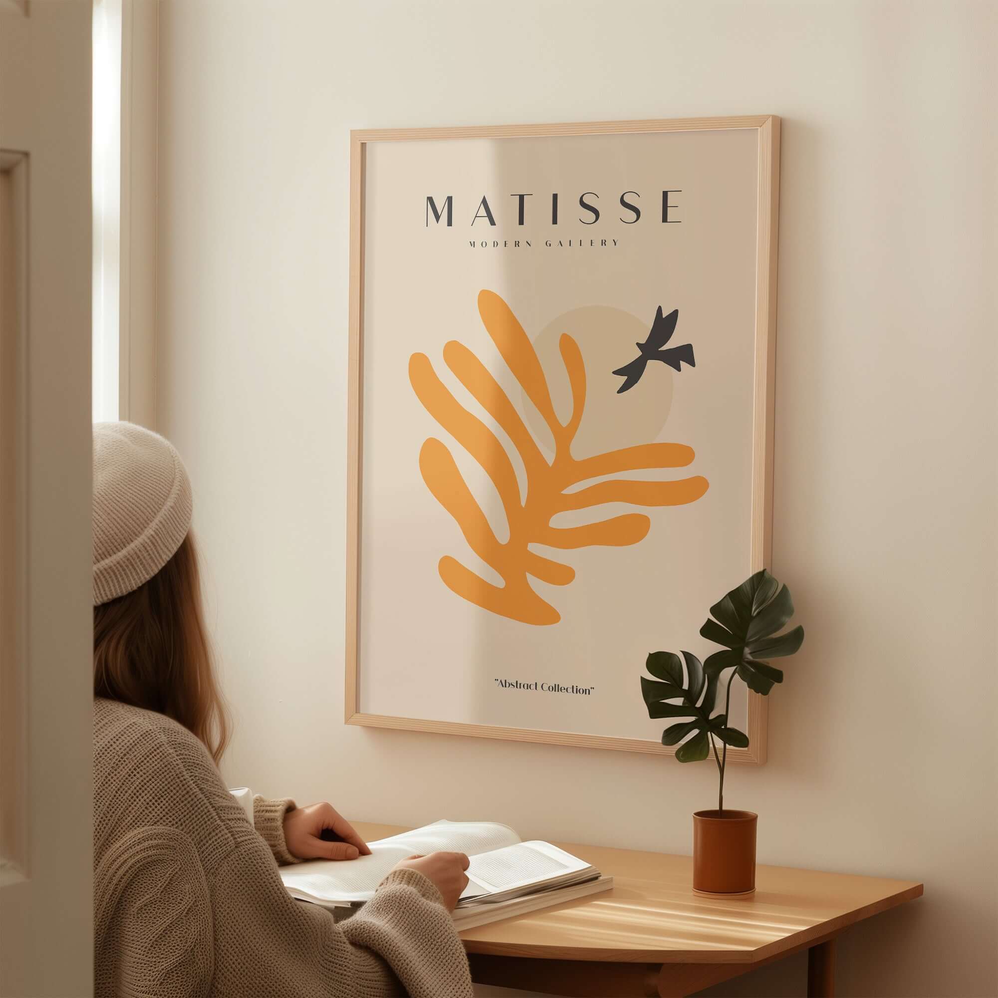 Matisse Art Prints - Orange Leaf Bird Silhouette Poster with woman reading and potted plant in modern setting.