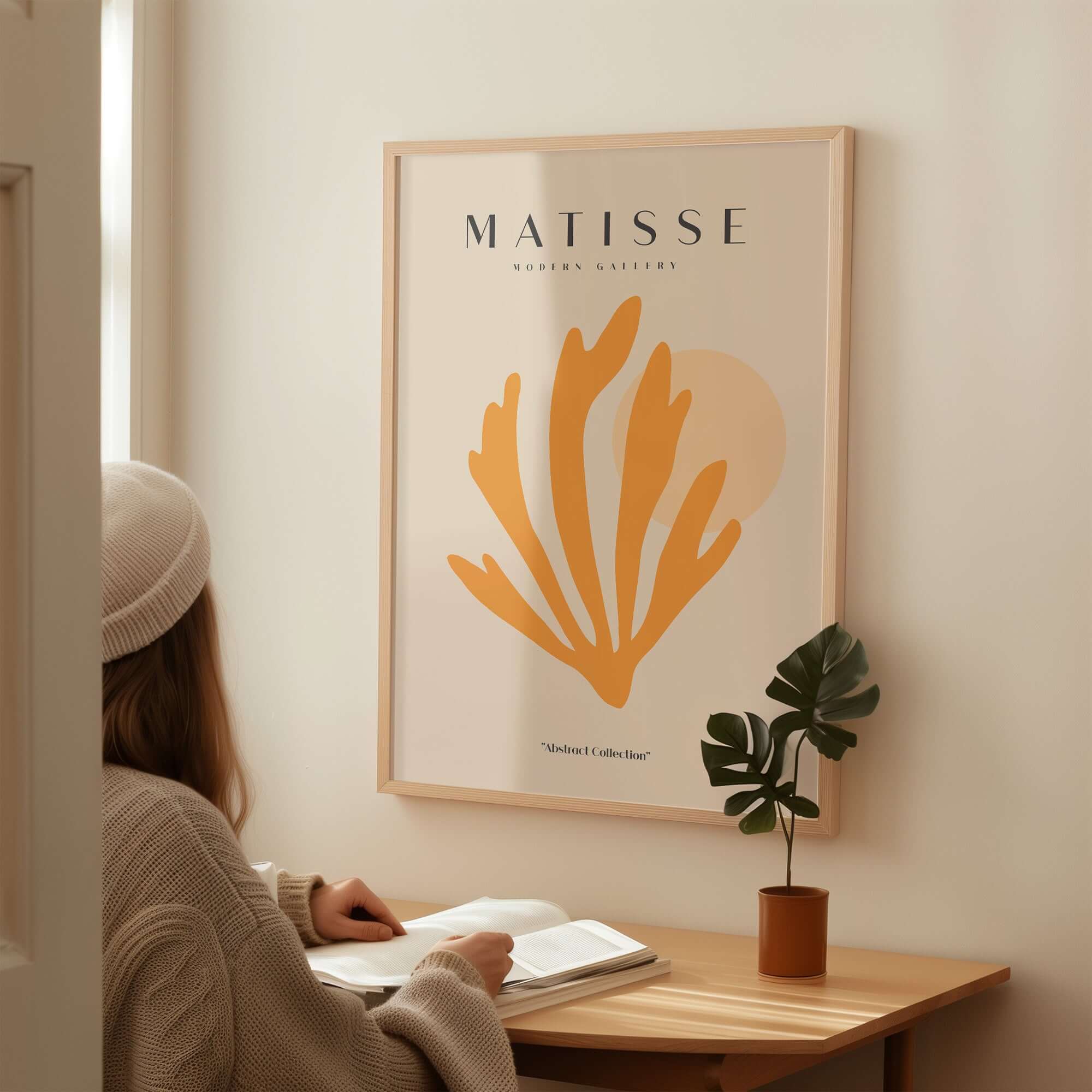 Matisse Art Prints - Orange Seaweed Abstract Art Print displayed on a wall, featuring vibrant orange seaweed design.