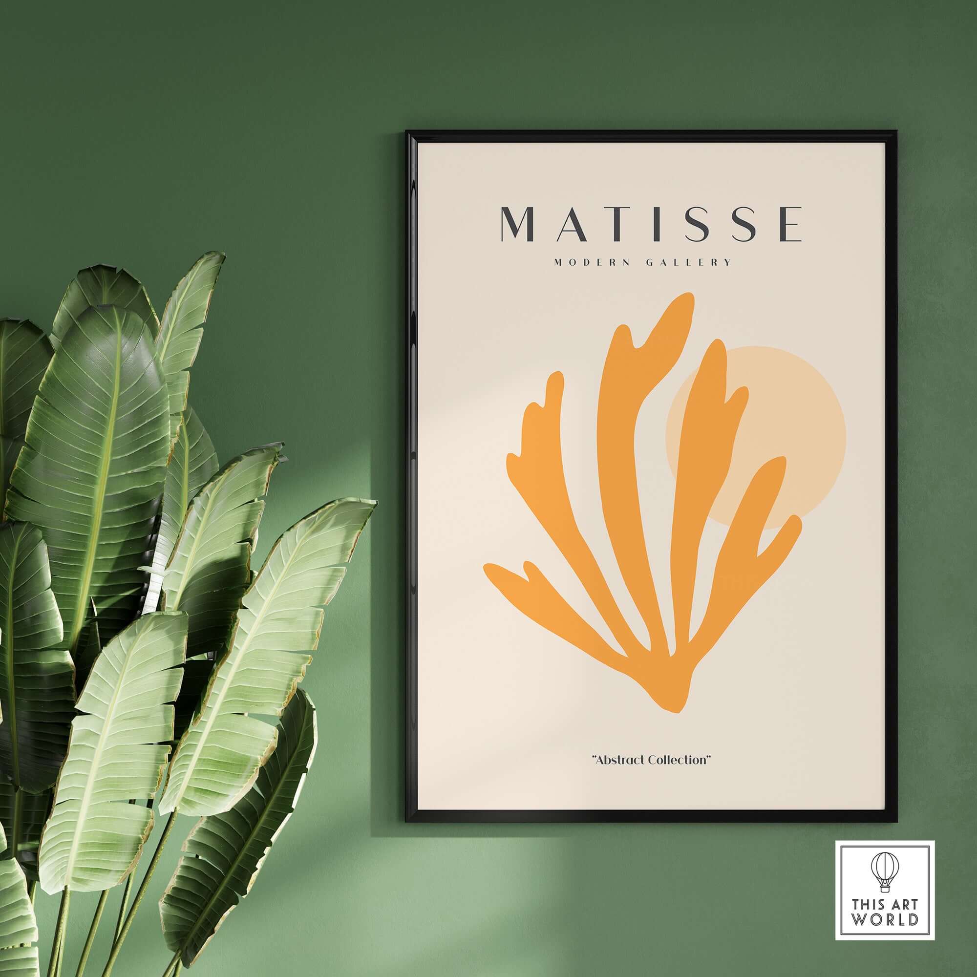 Matisse Art Prints - Orange Seaweed Abstract Art Print displayed in a modern interior with green plants.