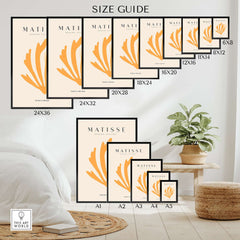 Matisse Art Prints - Orange Seaweed Abstract Art Print size guide showcasing various frame dimensions.