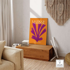 Matisse Papiers Découpés Purple Cut Out on Orange Background Abstract Art Print displayed in modern decor