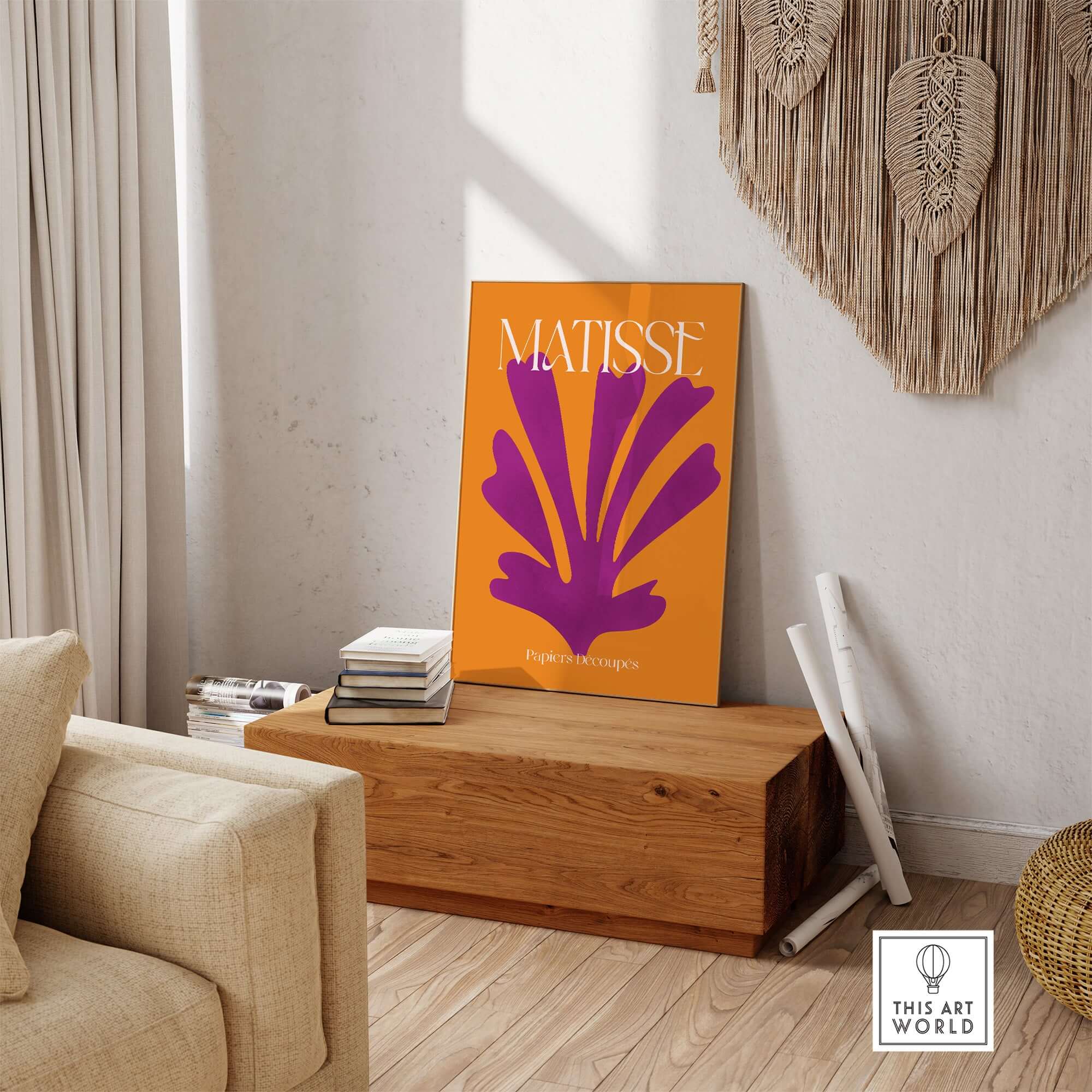 Matisse Papiers Découpés Purple Cut Out on Orange Background Abstract Art Print displayed in modern decor