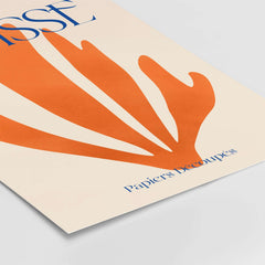 Matisse Papiers Découpés Orange Abstract Botanical Cut Out Art Print featuring bold orange shapes and blue typography.