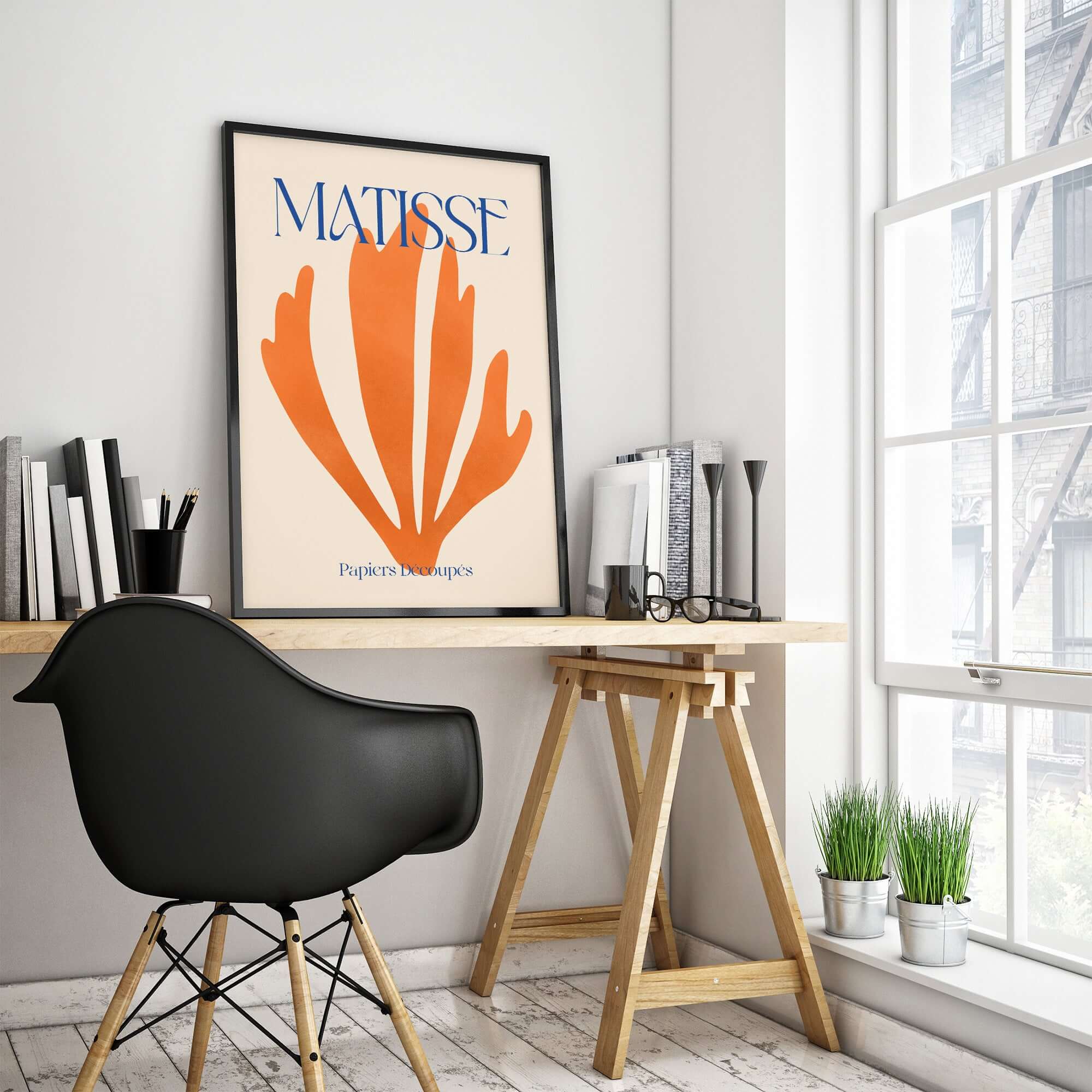 Matisse Papiers Découpés Orange Abstract Botanical Cut Out Art Print displayed in a modern interior setting.
