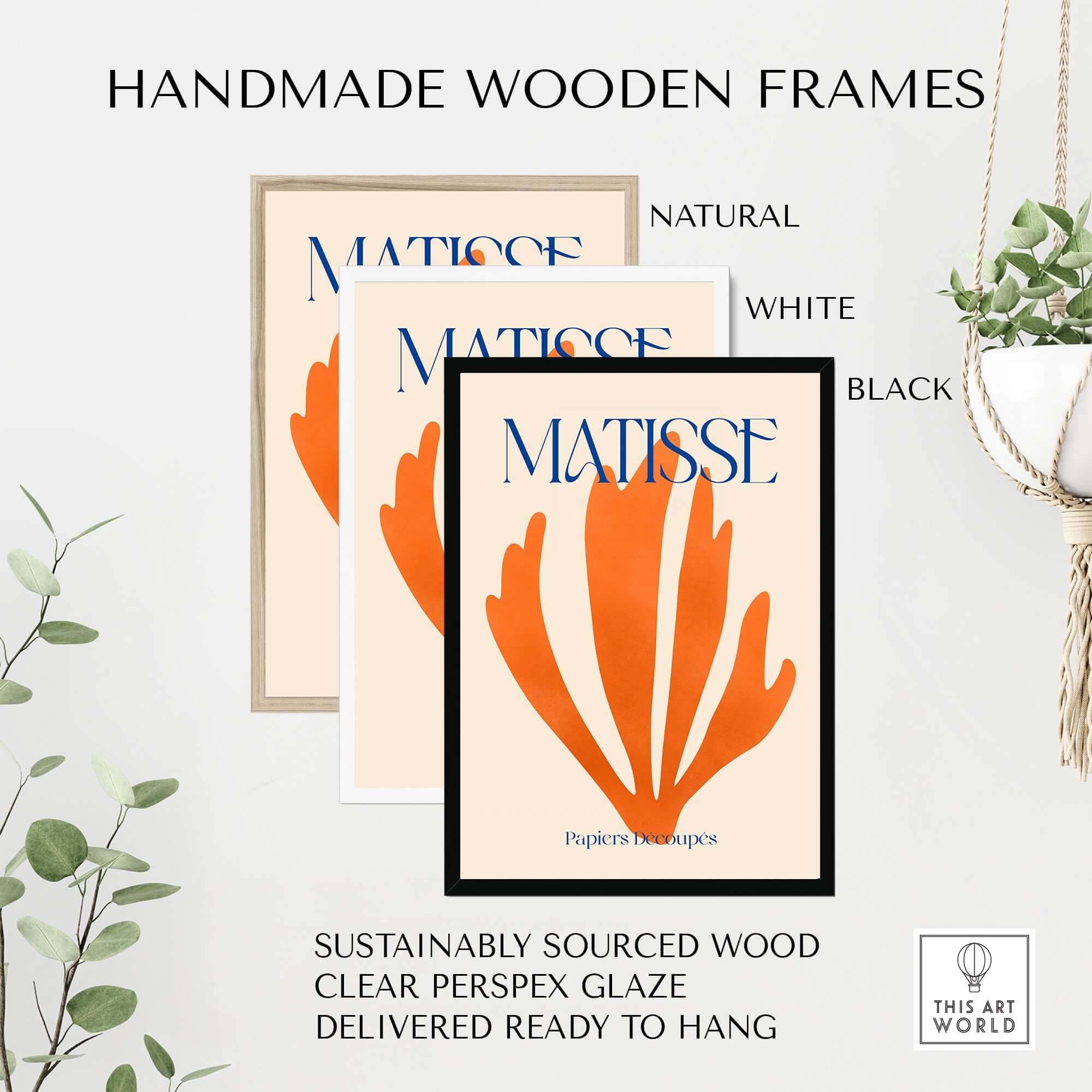 Matisse Papiers Découpés Orange Abstract Botanical Cut Out Art Print displayed in handmade wooden frames.