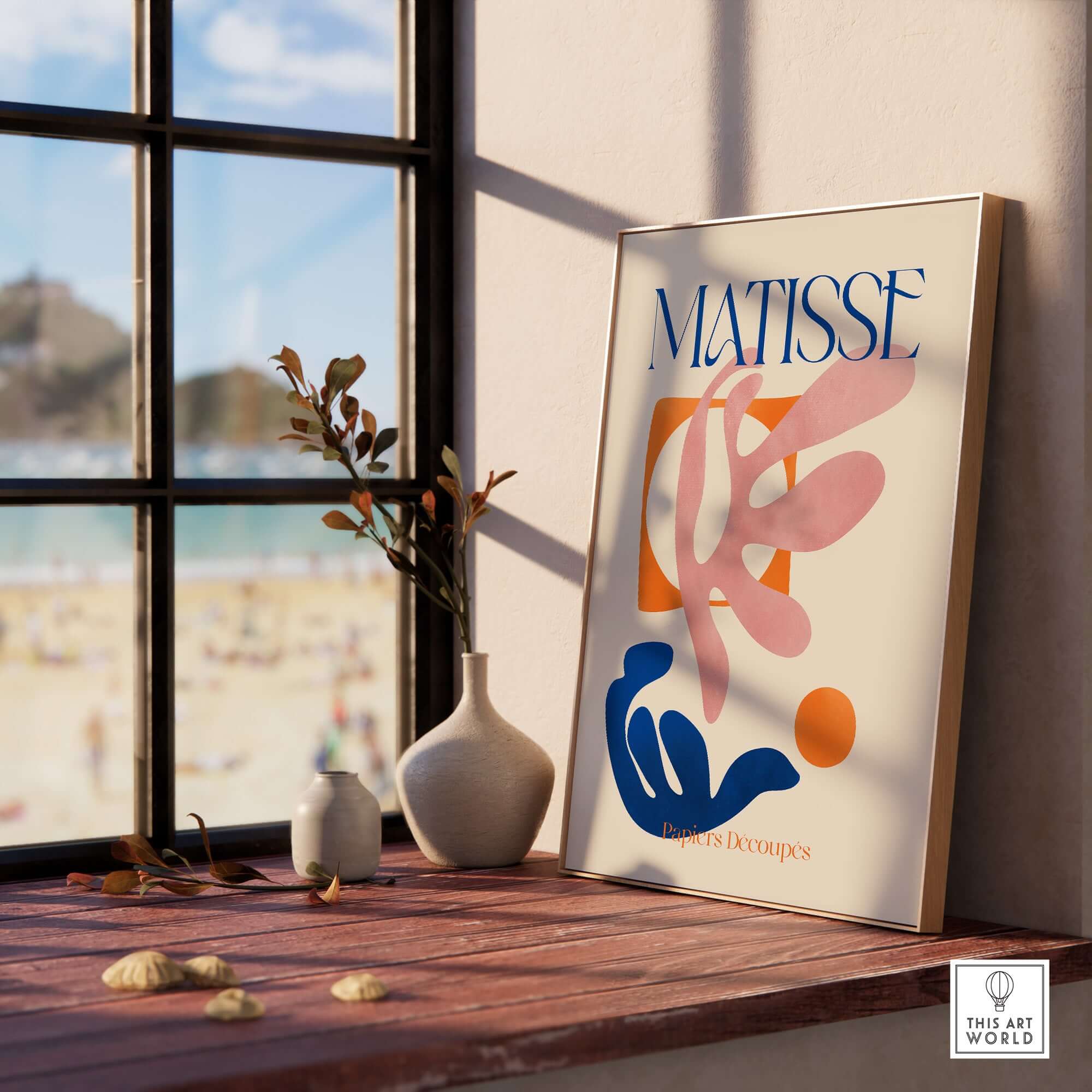 Matisse Papiers Découpés Pink Blue Abstract Art Print displayed in a stylish interior with beach view.