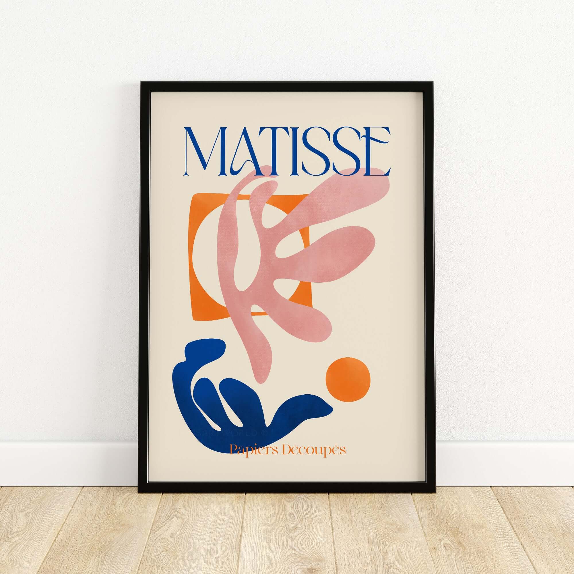 Matisse Papiers Découpés Pink Blue Abstract Art Print showcased in a black frame, featuring vibrant abstract shapes.