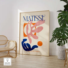 Matisse Papiers Découpés Pink Blue Abstract Art Print displayed in a modern setting with vibrant shapes.