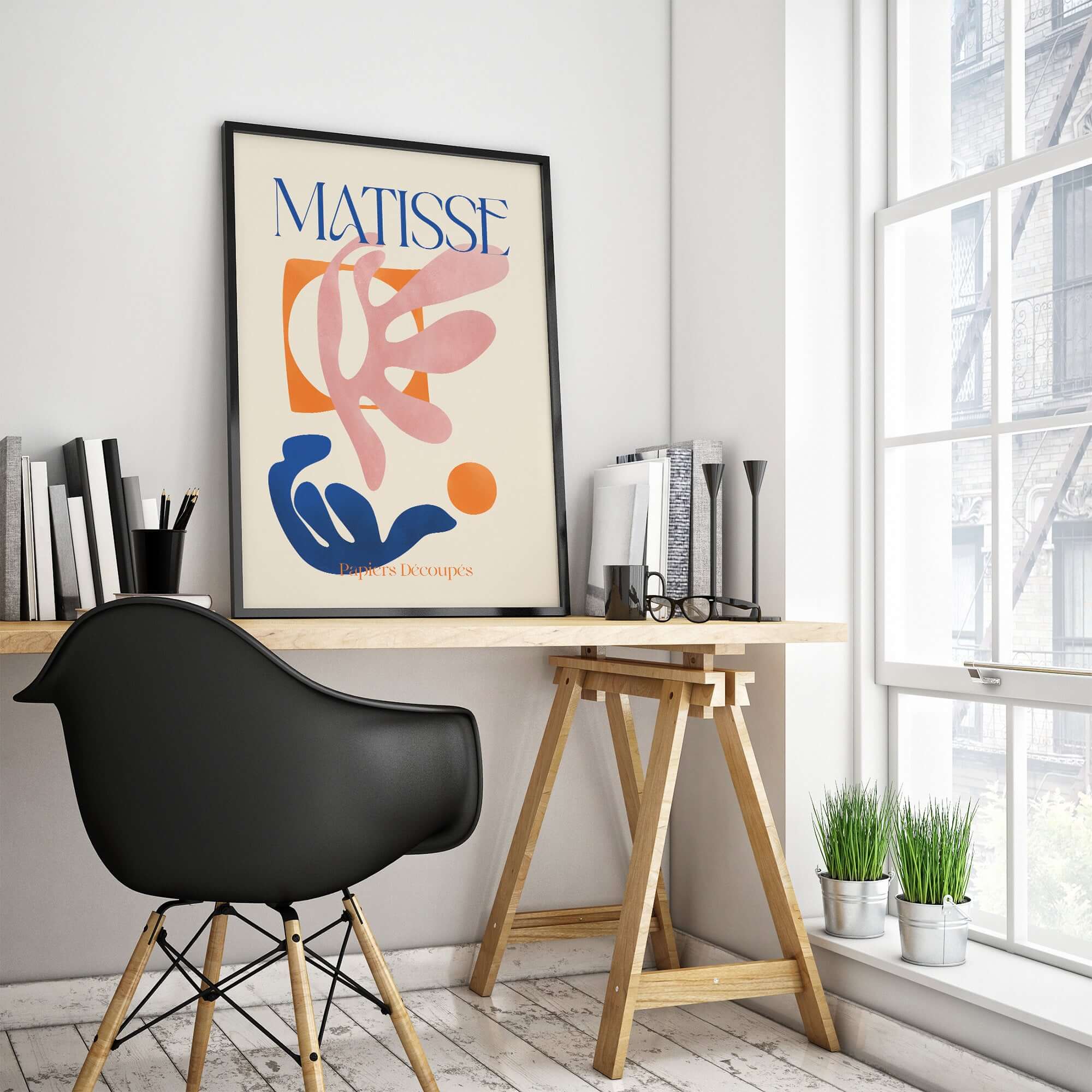 Matisse Papiers Découpés Pink Blue Abstract Art Print displayed in a modern office setting with desk and chair.