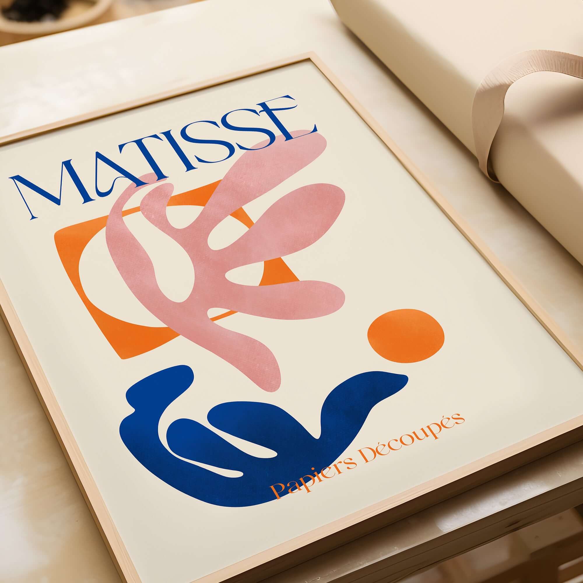 Matisse Papiers Découpés Pink Blue Abstract Art Print showcasing abstract shapes in pink and blue with orange accents.