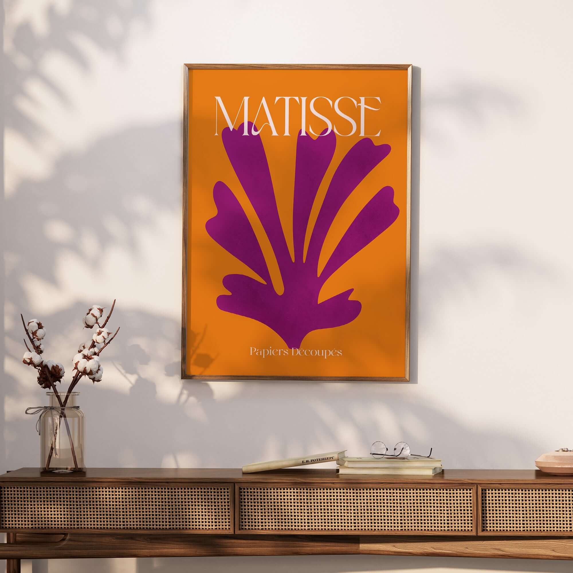 Matisse Papiers Découpés Purple Cut Out on Orange Background Abstract Art Print on a modern wall.