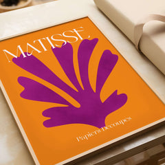Matisse Papiers Découpés Purple Cut Out on Orange Background Abstract Art Print showcasing bold purple cut-out design.