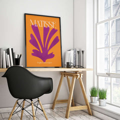 Matisse Papiers Découpés Purple Cut Out on Orange Background Abstract Art Print displayed in modern workspace.