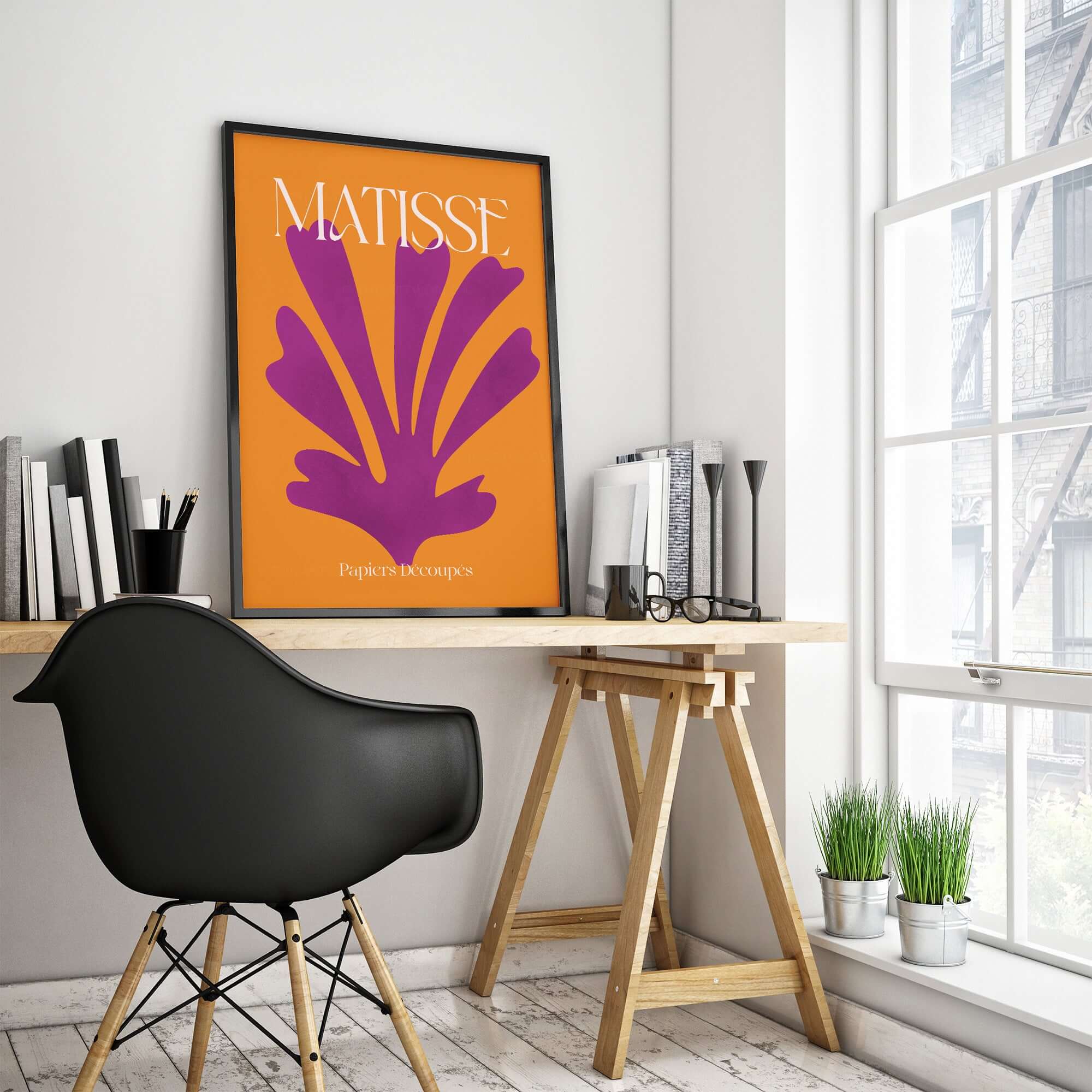 Matisse Papiers Découpés Purple Cut Out on Orange Background Abstract Art Print displayed in modern workspace.